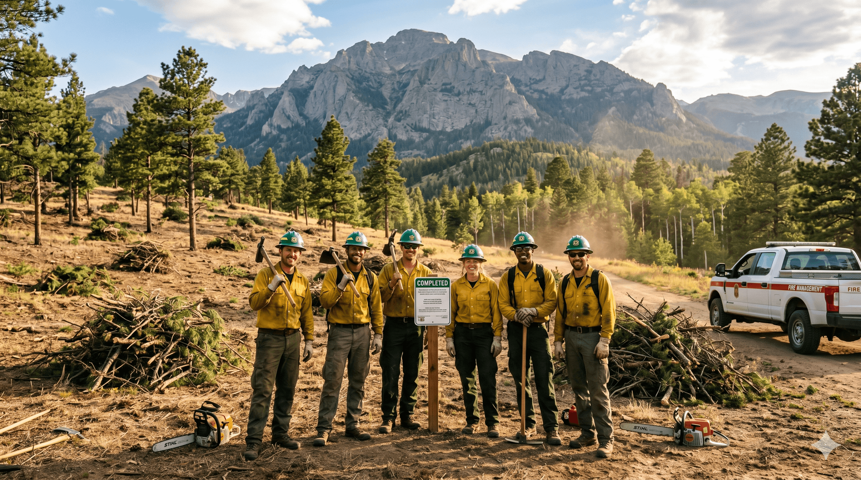 Owner and crew on site after completing a defensible space project, mountains in the background