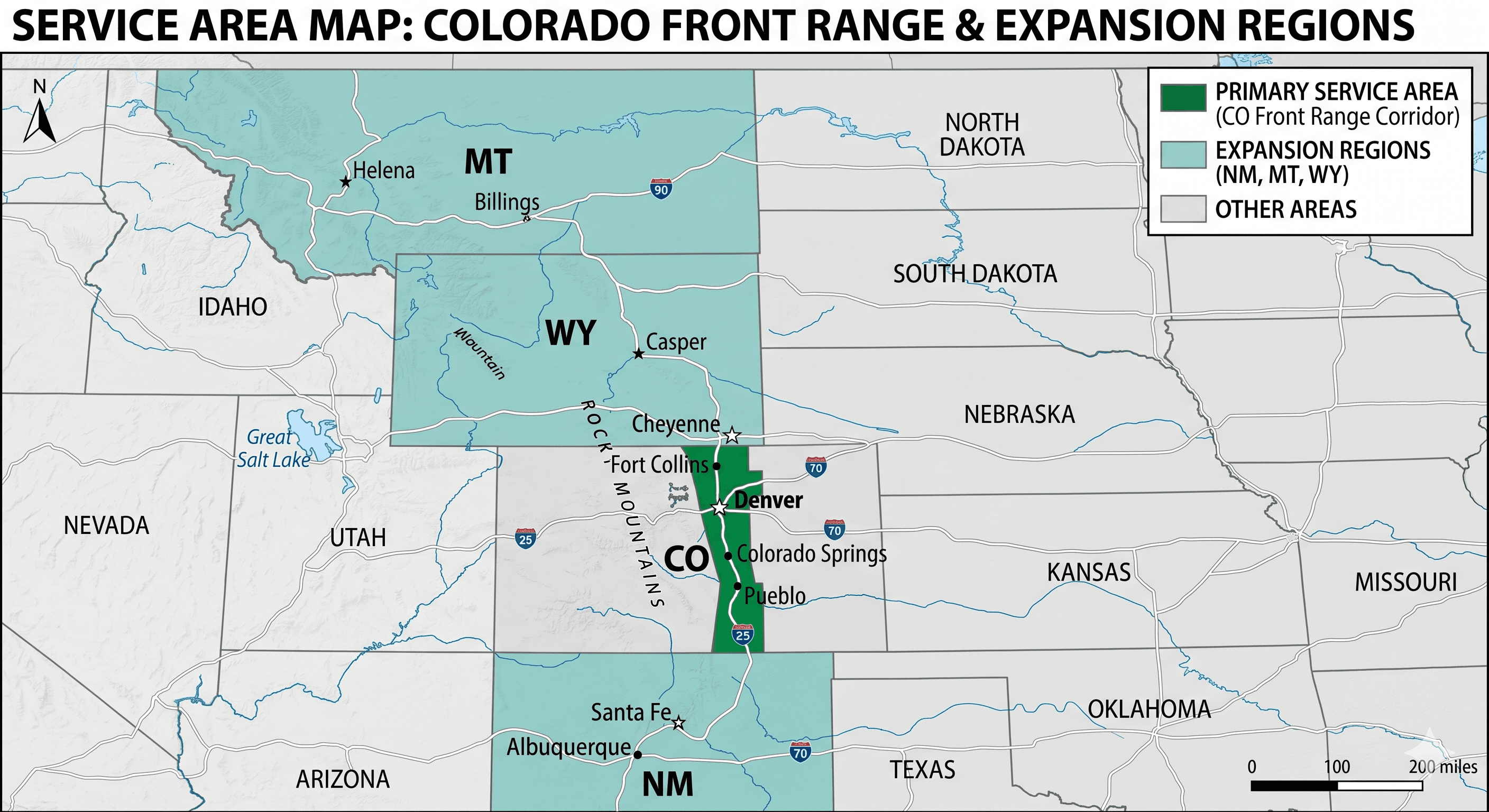 Map of the service area: Colorado Front Range highlighted as primary, with New Mexico, Montana, and Wyoming marked as expansion regions